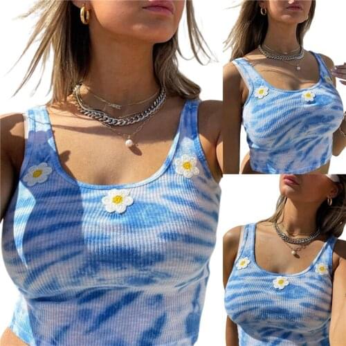 Tie Dye Print Floral Embroidery Crop Tops Womens Rib Knit Tank Tops Sleeveless Camis Top Female Sexy Streetwear Camisole Tee Top