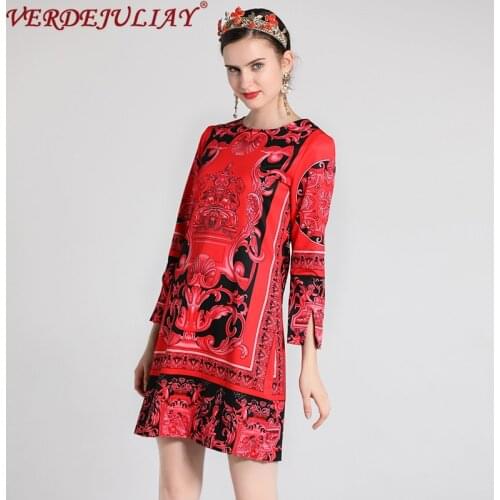 Street Mini Dresses Wrist Sleeve Fashion Women Luxury Flowers Print O-Neck New Red / Yellow Sweet European Dress