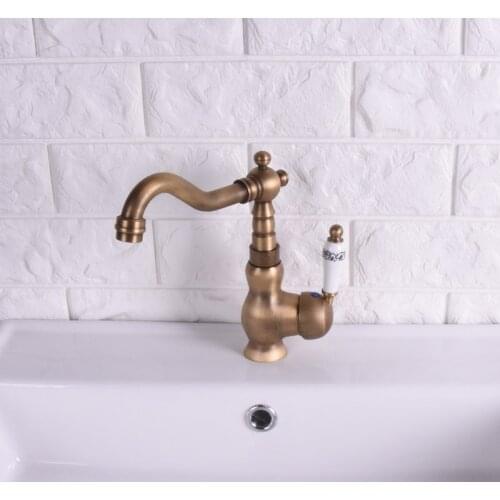 Vintage Antique Brass Single Ceramic Lever Handle Swivel Spout Bathroom Basin Kitchen Sink Faucet Cold & Hot Mixer Tap asf120