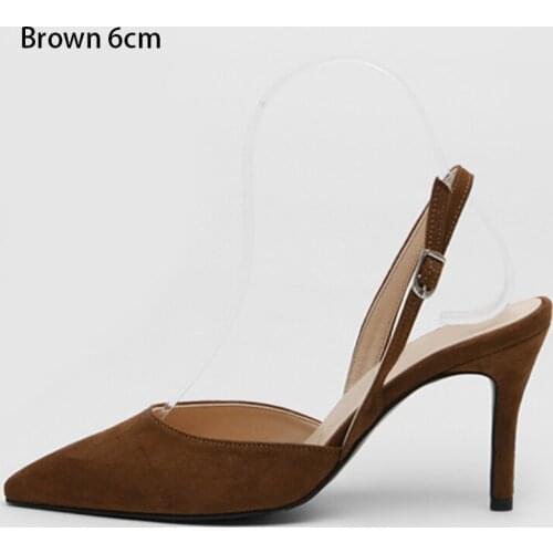 Asakuchi Heels Suede High Heels Pointed Toe Slingbacks Stiletto Buckle High Heel Pumps Brown/Yellow-green Size 31-42