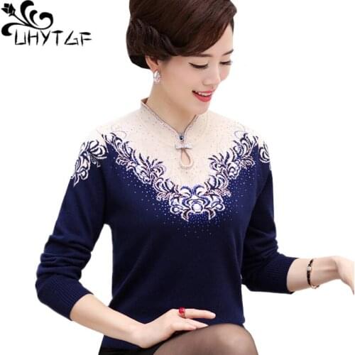 UHYTGF Spring autumn sweater womens fashion cheongsam collar pullover knitted wool sweater coat elastic warm plus size tops 1328
