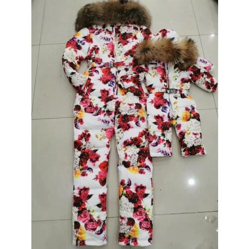 FLOWER super fur 2019 Winter jumpsuit women white duck down jumpsuit Womens ski suit down twinset outdoor suit outerwear