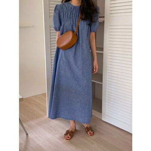 2021 Summer Dress Fashion Korean Chic High Waist Solid Casual Cotton Dress Women Puff Sleeve A Line Dresses Blue Vestido 15349