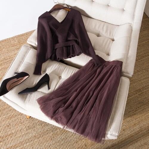 Womens sexy kimono V-neck knit sweater tops backless pullovers mesh tutu skirts suits autumn winter two piece set 2019 new brown