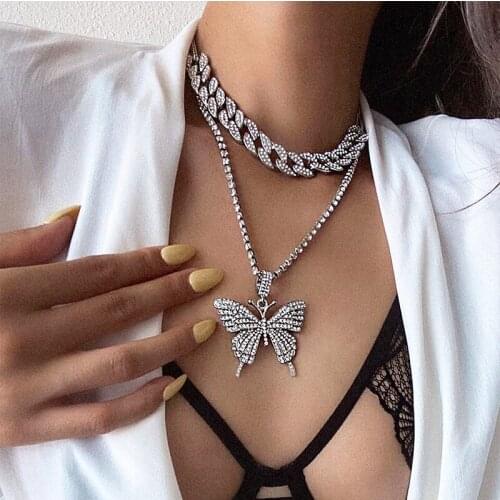 Butterfly Necklace Set Cuba Chain Womens Necklace BLING Hip Hop Jewelry Fashion Multi Layer Clavicle Chain Necklace Party Gift