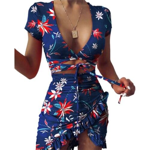 Women Dress Summer 2021 Floral Print Fashion Short Sleeve Tie Up Wrap Mini Dress Casual Holiday Ruffles Sundress Dress Vestidos