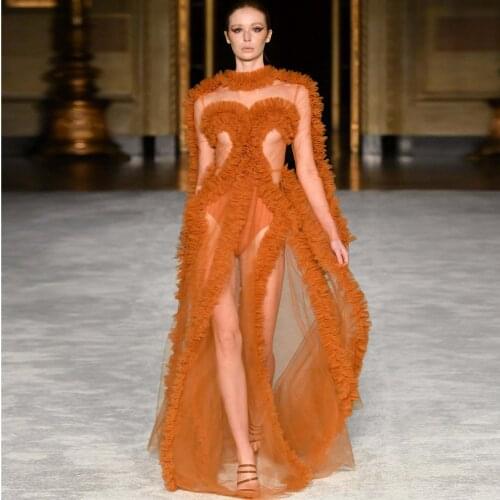 Fashion Sexy Dark Orange Women Dress See Thru Tulle Ruffle Layered Floor Length Nightgown Photography Evening Dress Custom Made