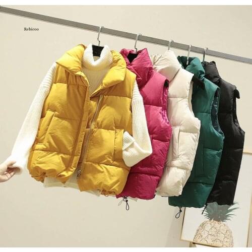 Winter Women Vest Cotton Sleeveless Jacket Vest Waistcoat Yellow Warm Solid Vests Slim Pockets Womens Clothing
