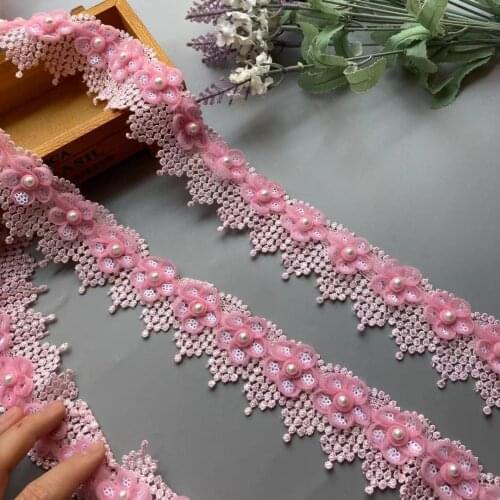 2 Yard Pink Sequin Ribbon Plum Flowers Pearl Lace Trimmings Ribbons Beaded Lace Fabric Embroidered Sewing Wedding Dress