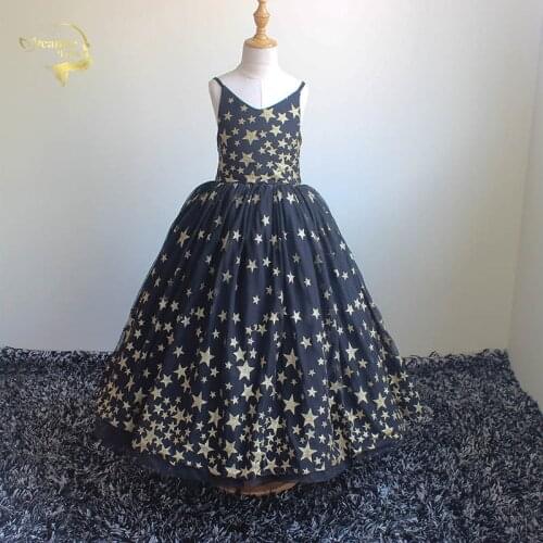 2020 Girls Pageant Dresses Navy Blue Gold Stars Embroidery Backless Children Party Formal Gowns Holy First Communion Dresses