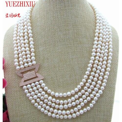 5 Strands 7-8mm White Pearl Necklace inlay zircon Clasp 17-22inch