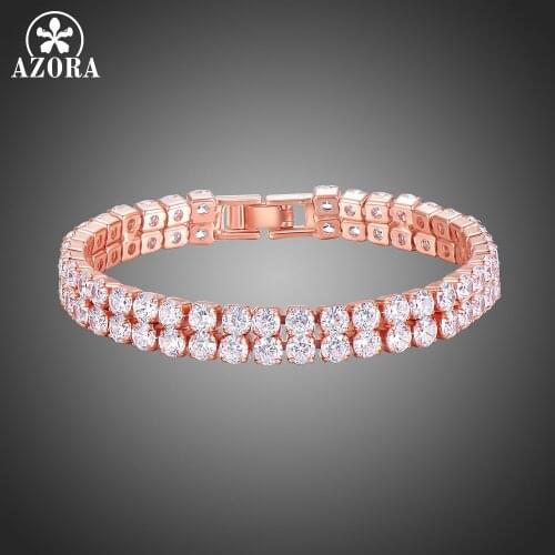 AZORA Double Row Round Clear Cubic Zirconia Women Charm Bracelet Bangles Jewelry Gifts for Femme Valentines Day Present TS0206