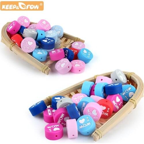 Keep&Grow 10pcs Round Silicone Beads I love Mom Dad Rodent Teething Necklace Beads DIY Perle Slicone Dentition Kralen Toys