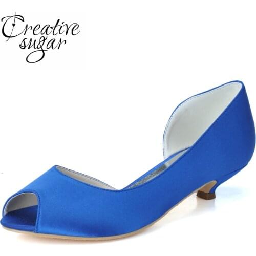 Creativesugar Concise D'orsay woman satin evening dress shoes med low heel open toe wedding party prom banquet white royal blue