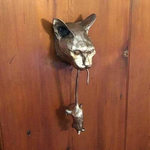 Cat and Mouse Doorknob Decorative Wall Hanging Resin Ornament Animal Door Knocker Statue for Home Medieval Style UD88