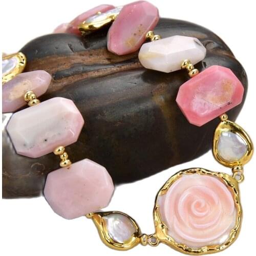 GG Jewelry Natural Pink Opal White Biwa Pearl Pink Queen Conch Flower Necklace 21"