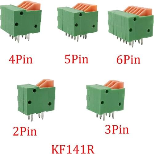 KF141R Pitch 2.54mm PCB Mounted Spring Screless Right Angle Terminal Blocks Connector 2/3/4/5/6Pin 150V 2A for 26-20AWG 5Pcs/Lot