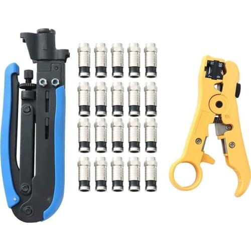 Coaxial Compression Tool Coax Cable Crimper Kit F-Type Crimper Cable RG6 RG59 RG11 and Coaxial Cable Stripper with 20 PCS F Comp