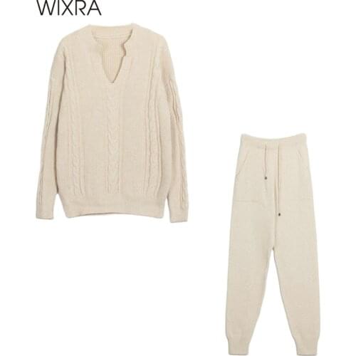 Wixra Women Tracksuit V Neck Long Sleeve Sweater And Drastring Trousers Autumn Winter Female Solid Knitted Two Piece Set