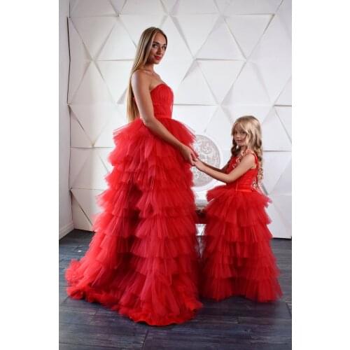 Red Tiered Mother Daughter Princess Ball Gown Formal Dresses Long Puffy Tulle Prom Evening Party Gowns Robe De Soiree