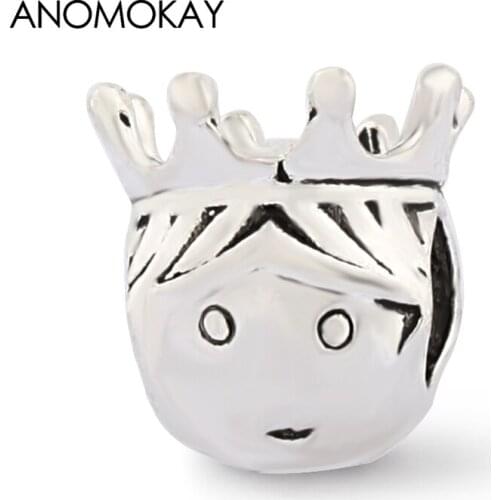 Anomokay Cute Little Prince Charms fit Bracelets Silver-plate Cartoon Crown Beads for Boys Girl DIY Jewelry Making 2 Pcs/Lot