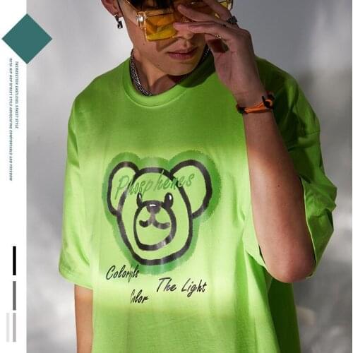 2021 Summer Mens Cotton Short-sleeved T-shirt Loose Bear Print Fluorescent Green High Street Loose Oversize Couple T-shirt