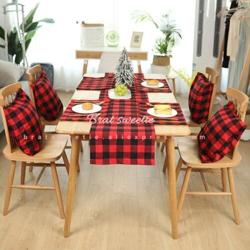 Christmas Tableware Set Red Black Buffalo Plaid Dinning Table Runner Placemats Cotton Pillow Case Christmas Decoration for Home
