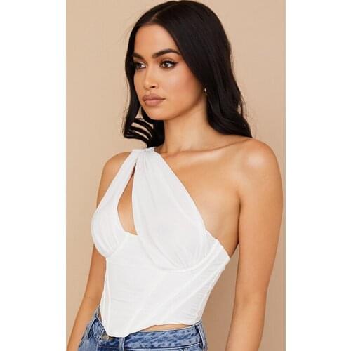 2021 New Arrivals Summer Women Short Leisure Backless Polyester Zipper Fashionable Sweet Sexy Inclined Shoulder Top X21TP182