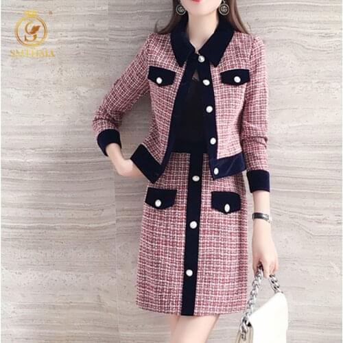 SMTHMA Winter New Fashion Vintage Skirt Suit Womens Long Sleeve Tweed Woolen Coat +High Waist Plaid Two Piece Skirt Set
