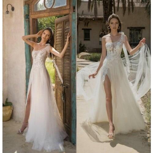 2020 Wedding Dresses One-Shoulder High Split Lace Appliques Bridal Gowns Custom Made Backless Sweep Train A-Line Wedding Dress
