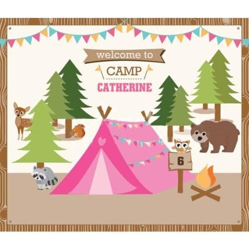 Girls Camping Tent Tree Bear Deer Owl Flag Campfire background High quality Computer print party backdrops