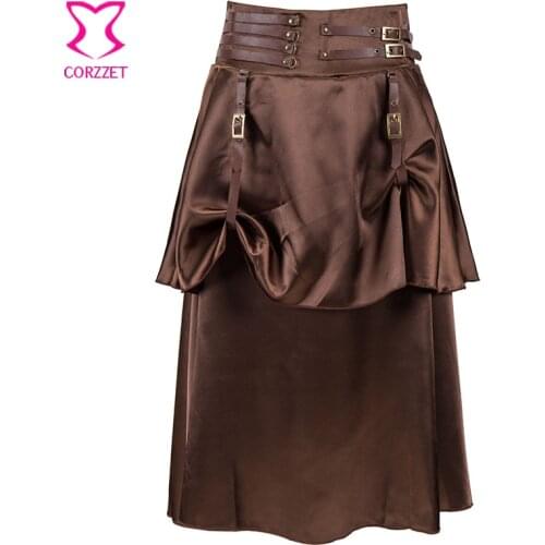 Vintage Steampunk Skirt Brown 2 Layers Satin with Buckle PU Strap Saias Midi Skirt Gothic Corset Skirts Womens Faldas Mujer