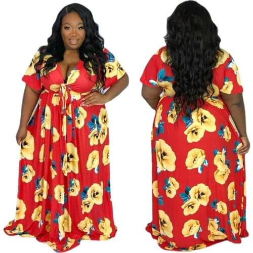 XL-5XL Plus Size Dress Women Clothing Summer 2021 Fashion Casual loose V neck short sleeve printing Wholesale Dropshipping