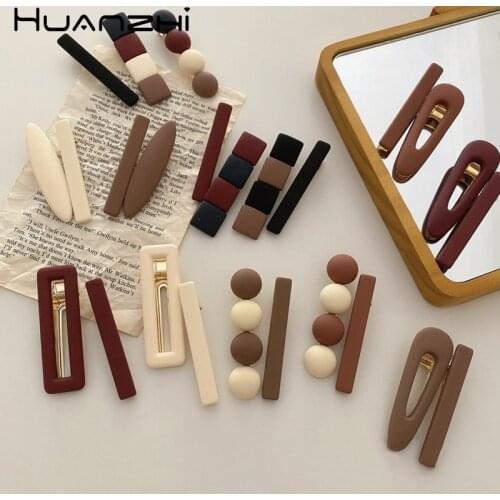 HUANZHI 2020 New 2pcs/set Autumn Winter Korean Resin Brown Geometric Oval Square Hair Clip Hairpin Accessories for Women