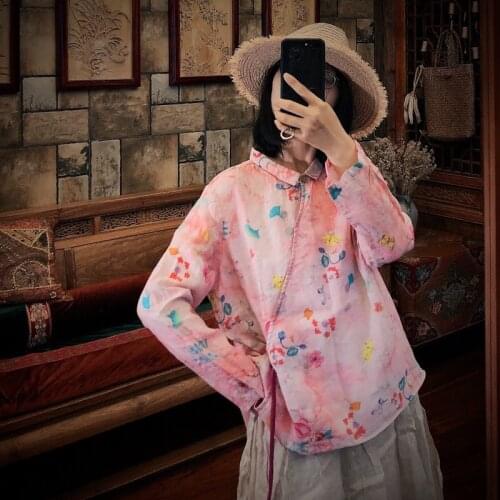 Women Loose Printed Ramie Blouse Tops Ladies Print Ramie Shirt Female 2020 Spring Autumn Blouses Shirts