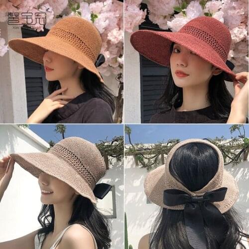 New bow knitted hollow hat for womens summer sun protection Big Brim Hat sun protection straw hat outdoor sun protection hat