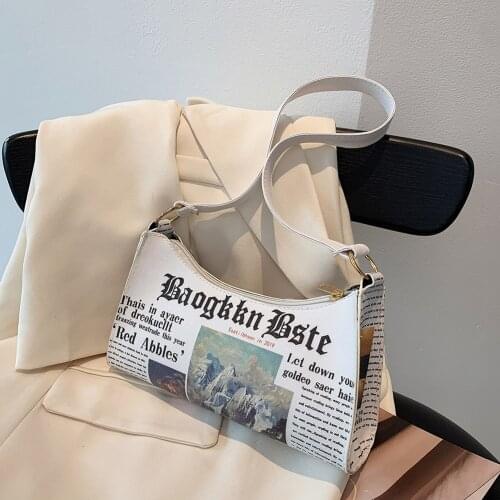 Womens Bag Fashion Newspaper Printing Styling PU Leather Shoulder Underarm Female Bag Personality Casual Wild Ladies Handbags