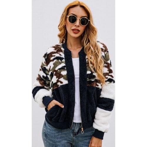 Women Sweatshirt 2020 Autumn Winter Warm Patchwork Camouflage Zipper Casual Shaggy Outwear Pockets Slim Female Plush Coat Thick