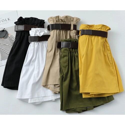 Korean Simple Solid Summer Shorts With Belt 2020 Loose High Waist Slim Loose Green Shorts Women Black Paperbag Shorts