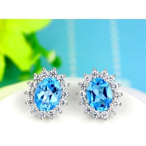 Luxury Female Aquamarine Oval Earrings 100% Real 925 Sterling Silver Wedding Earrings For Women Vintage Double Stud Earrings