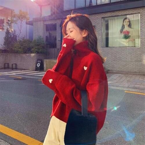 Beautiful Red Sweater Women Long Sleeve Chic Soft Sweater Female Pull Femme Fashion Jumpers Tops Black Sweety Heart Sweater