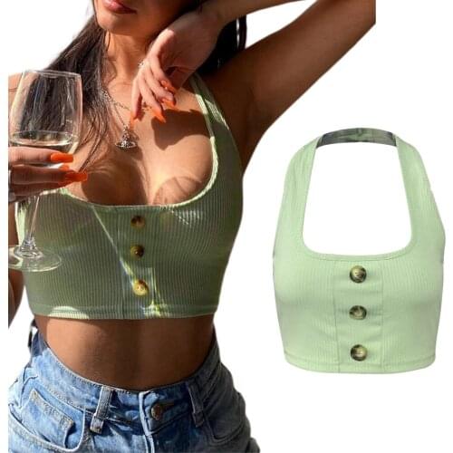 Women Halter Crop Tank Tops Sexy Sleeveless Solid Color Button Front Ribbed Knit Camisole 2021 New Fashion