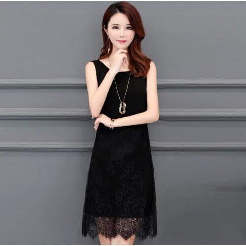 Lace Dress women 2020 summer Sexy O-Neck sleeveless Dress Solid color Knee-Length Dress women