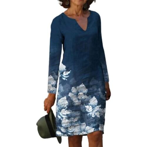 V-Neck Midi Dress Women Elegant Autumn Linen Blend Sundress Vintage Floral Print V-Neck Long Sleeve A-Line Dresses Party