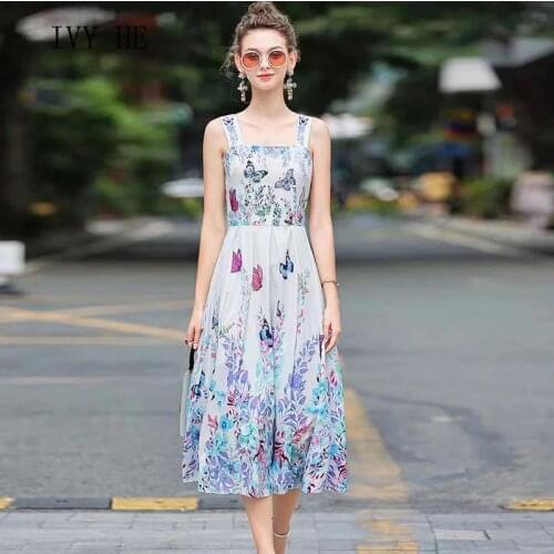 IVY HE High Quality Summer Dress Woman Clothing Vintage Butterfly Print Strap Holiday Midi Long Dress Traf Robe ZA Party Dresses