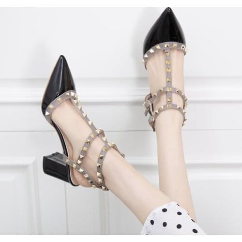 2021 summer style rivet buckle pointed patent leather high heel sandals large size thick heel womens shoes
