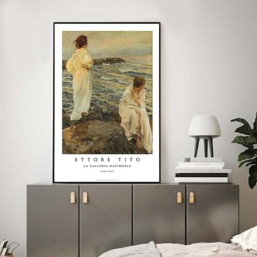 Two Women Gazing Out To Sea Abstract Oil Painting on Canvas Ettore Tito Poster Rome Italy Museum Prints Wall Art Picture Decor