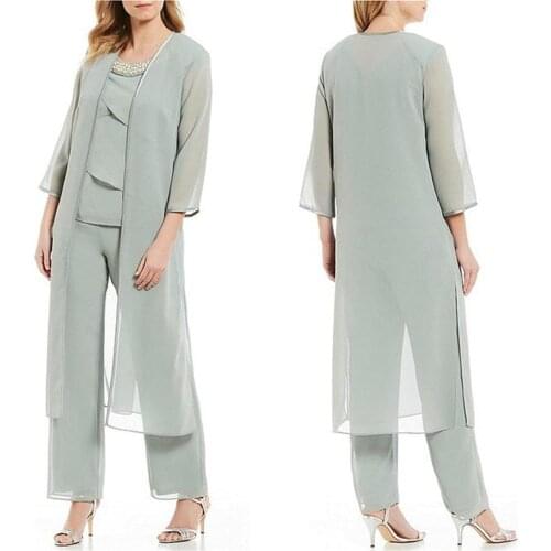 Elegant 2020 Mother Of The Bride Pant Suits Three Pieces Beaded Jewel Neck Jumpsuits Wedding Guest Dress Plus Size Pantsuits