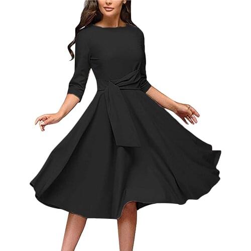 Elegance Ruched O-Neck Women Dresses Summer 2021 3/4 Sleeve Swing A-line Dress Plus Size Dresses For Women Sundress Robe