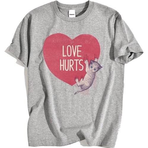 Love Hurts Despair Cat Cartoon Print Men T Shirt Hip Hop Loose New Tops Fashion Summer Casual Tshirts Summer Loose Tee Clothing